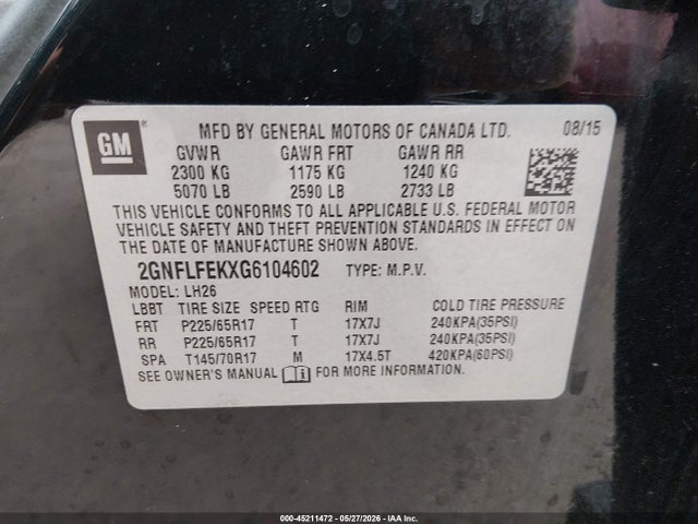 Aukcja sprzedaży 2016 Chevrolet Equinox Lt, vin: 2GNFLFEKXG6104602, numer aukcji: 45211472