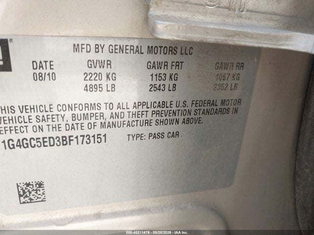 Aukcja sprzedaży 2011 Buick Lacrosse Cxl, vin: 1G4GC5ED3BF173151, numer aukcji: 45211476