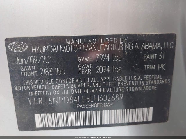 Продажа на аукционе авто 2020 Hyundai Elantra Sel, vin: 5NPD84LF5LH602689, номер лота: 45211477
