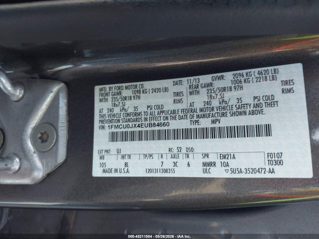 45211504 :رقم المزاد ، 1FMCU0JX4EUB84660 vin ، 2014 Ford Escape Titanium مزاد بيع