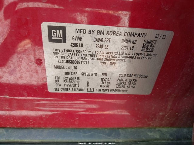 Aukcja sprzedaży 2013 Buick Encore Convenience, vin: KL4CJBSB0DB211711, numer aukcji: 45211512