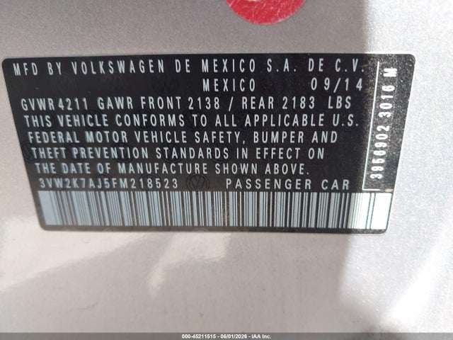 Продаж на аукціоні авто 2015 Volkswagen Jetta 2.0l S, vin: 3VW2K7AJ5FM218523, номер лоту: 45211515