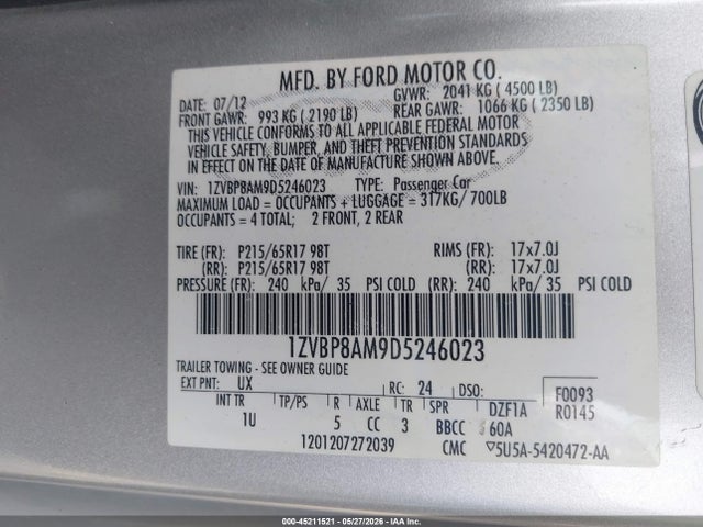 45211521 :رقم المزاد ، 1ZVBP8AM9D5246023 vin ، 2013 Ford Mustang V6 مزاد بيع