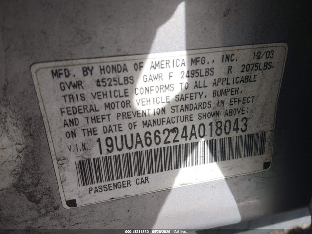 Продаж на аукціоні авто 2004 Acura Tl, vin: 19UUA66224A018043, номер лоту: 45211530