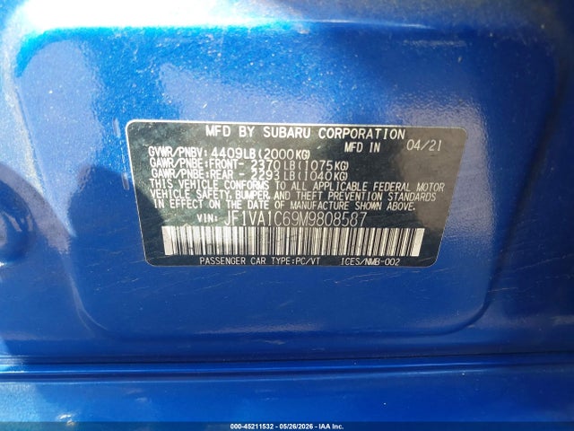 Subaru Wrx Premium 2021 JF1VA1C69M9808587 Image 9