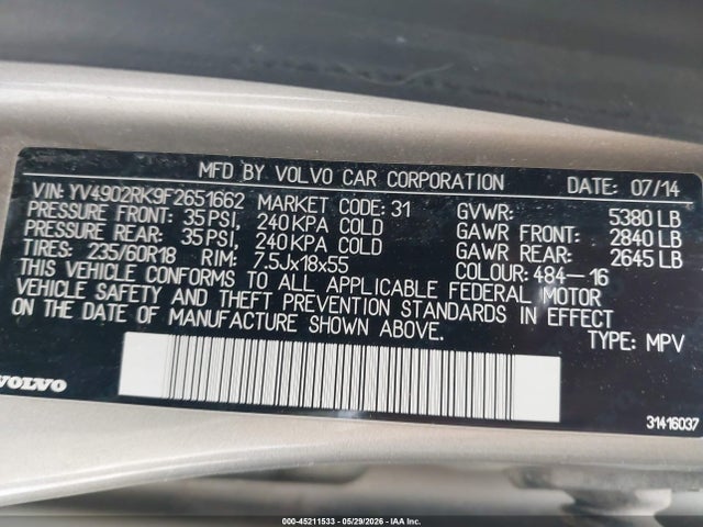 Продаж на аукціоні авто 2015 Volvo Xc60 T6, vin: YV4902RK9F2651662, номер лоту: 45211533