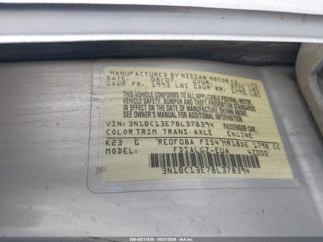Aukcja sprzedaży 2008 Nissan Versa 1.8sl, vin: 3N1BC13E78L378394, numer aukcji: 45211535