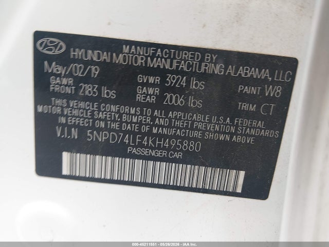 Продаж на аукціоні авто 2019 Hyundai Elantra Se, vin: 5NPD74LF4KH495880, номер лоту: 45211551