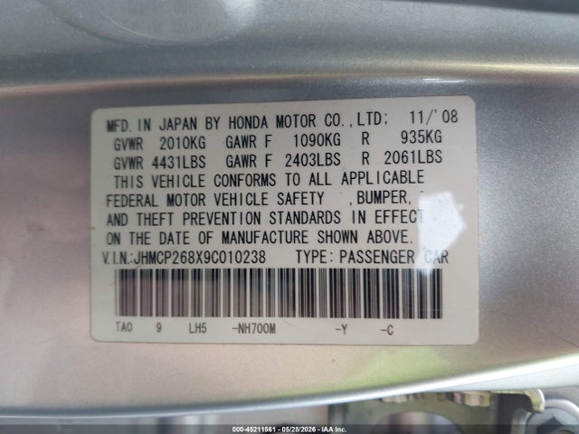 2009 Honda Accord 2.4 Ex-l მანქანა იყიდება აუქციონზე, vin: JHMCP268X9C010238, აუქციონის ნომერი: 45211561