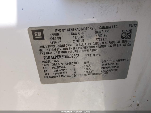 Продажа на аукционе авто 2013 Chevrolet Equinox 2lt, vin: 2GNALPEK8D6269303, номер лота: 45211574