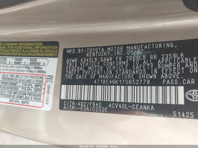 45211577 :رقم المزاد ، 4T1BE46K17U652778 vin ، 2007 Toyota Camry Le مزاد بيع
