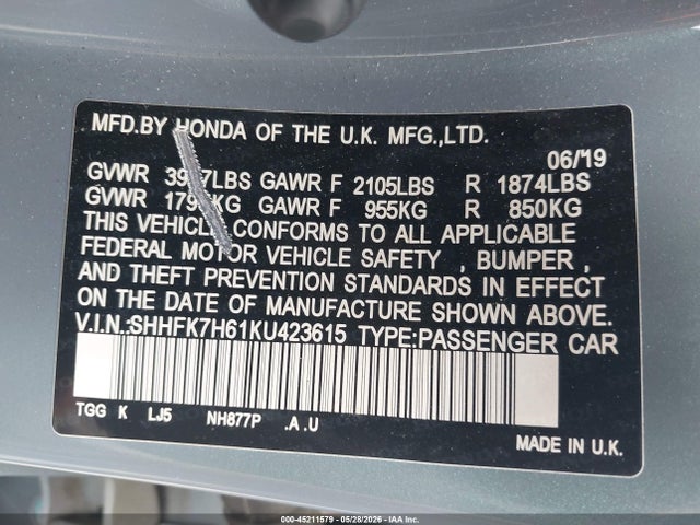 Honda CIVIC EX 2019 SHHFK7H61KU423615 Image 9
