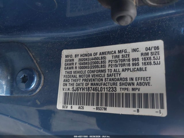 2006 Honda Element Ex-p მანქანა იყიდება აუქციონზე, vin: 5J6YH18746L011233, აუქციონის ნომერი: 45211585