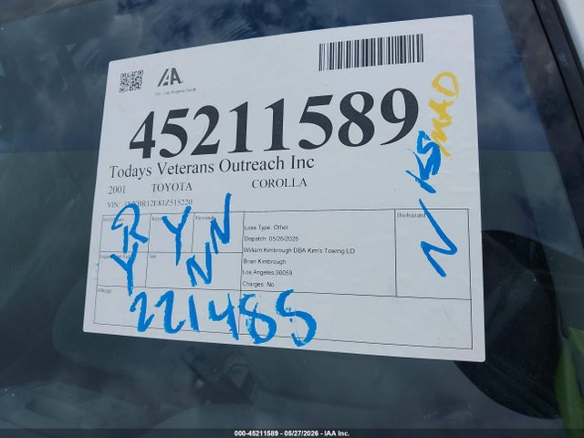 Продаж на аукціоні авто 2001 Toyota Corolla Le, vin: 1NXBR12E81Z515220, номер лоту: 45211589