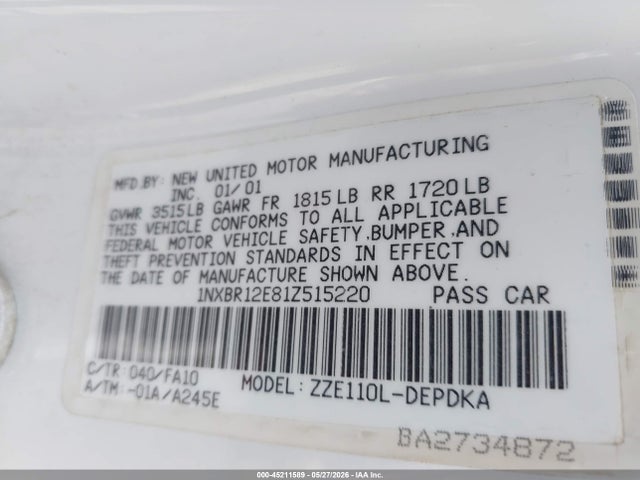 Продаж на аукціоні авто 2001 Toyota Corolla Le, vin: 1NXBR12E81Z515220, номер лоту: 45211589