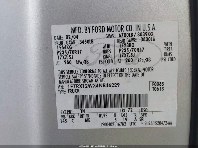 Продажа на аукционе авто 2004 Ford F-150 Stx/xl/xlt, vin: 1FTRX12WX4NB46229, номер лота: 45211593
