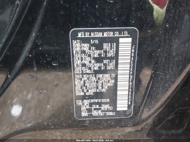 Продажа на аукционе авто 2015 Nissan Quest Platinum/s/sl/sv, vin: JN8AE2KP9F9130539, номер лота: 45211600