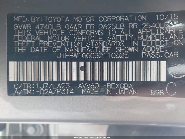 Lexus ES 300H 2016 JTHBW1GG0G2110625 Image 9