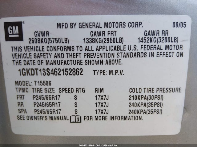 Auction sale of the 2006 Gmc Envoy Sle, vin: 1GKDT13S462152862, lot number: 45211609