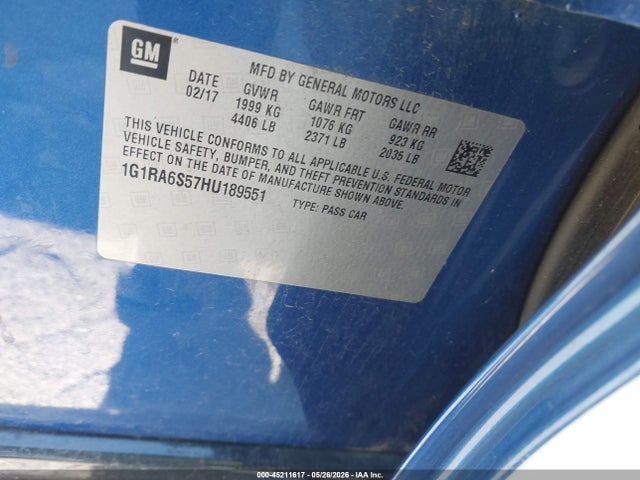 Продаж на аукціоні авто 2017 Chevrolet Volt Lt, vin: 1G1RA6S57HU189551, номер лоту: 45211617