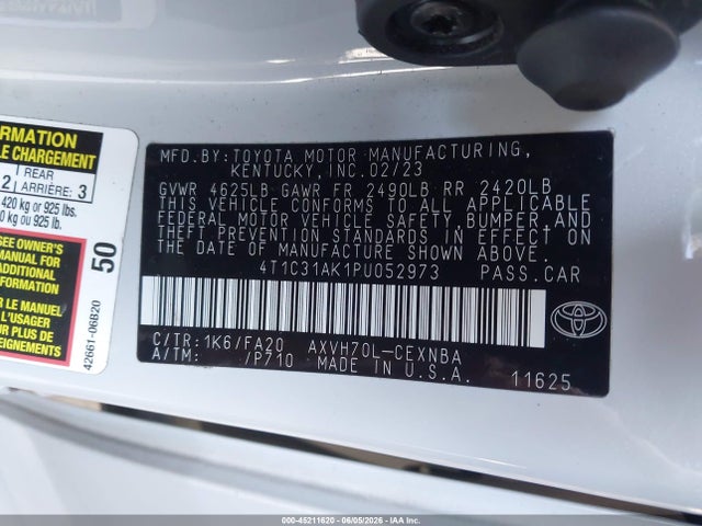 45211620 :رقم المزاد ، 4T1C31AK1PU052973 vin ، 2023 Toyota Camry Le Hybrid مزاد بيع