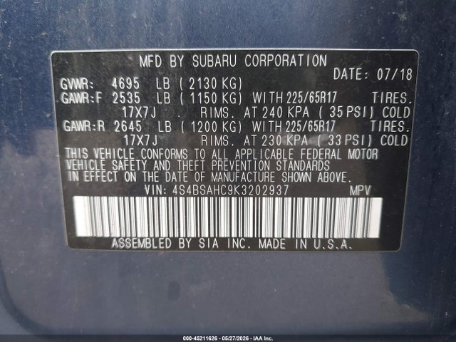 2019 Subaru Outback 2.5i Premium მანქანა იყიდება აუქციონზე, vin: 4S4BSAHC9K3202937, აუქციონის ნომერი: 45211626
