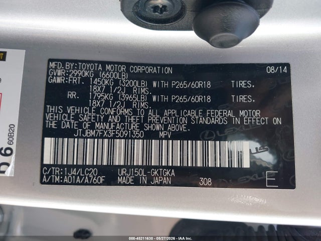 Aukcja sprzedaży 2015 Lexus Gx 460, vin: JTJBM7FX3F5091350, numer aukcji: 45211630