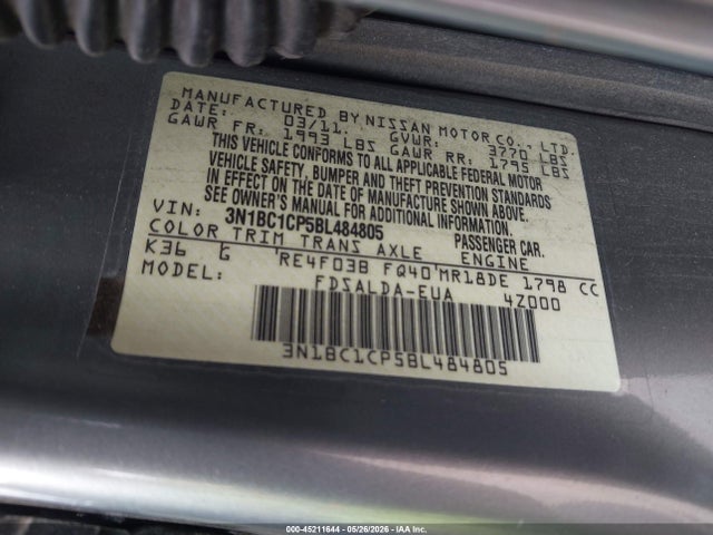 2011 Nissan Versa 1.8s მანქანა იყიდება აუქციონზე, vin: 3N1BC1CP5BL484805, აუქციონის ნომერი: 45211644