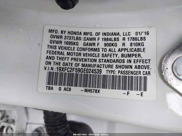 Honda Civic Lx 2016 19XFC2F59GE024539 Image 9