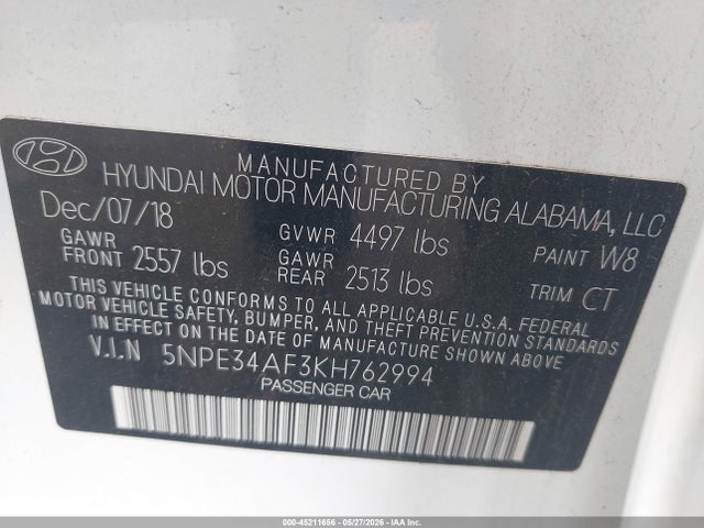 2019 Hyundai Sonata Limited მანქანა იყიდება აუქციონზე, vin: 5NPE34AF3KH762994, აუქციონის ნომერი: 45211656
