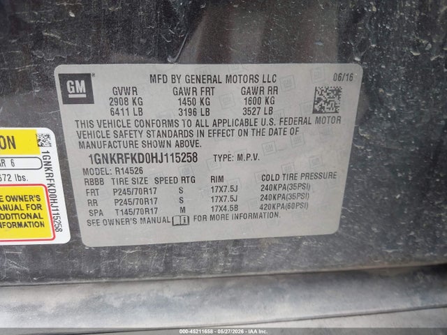Aukcja sprzedaży 2017 Chevrolet Traverse Ls, vin: 1GNKRFKD0HJ115258, numer aukcji: 45211658