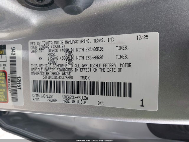 45211661 :رقم المزاد ، 5TFWA5DB5TX376608 vin ، 2026 Toyota Tundra Limited Crewmax 5.5' Bed مزاد بيع