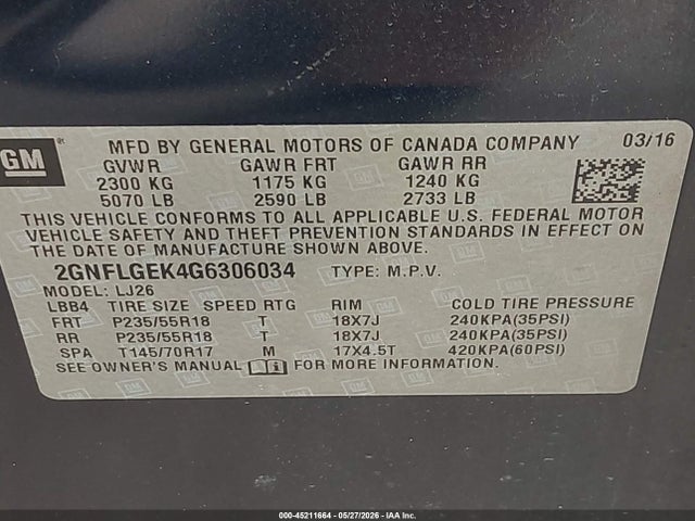 45211664 :رقم المزاد ، 2GNFLGEK4G6306034 vin ، 2016 Chevrolet Equinox Ltz مزاد بيع