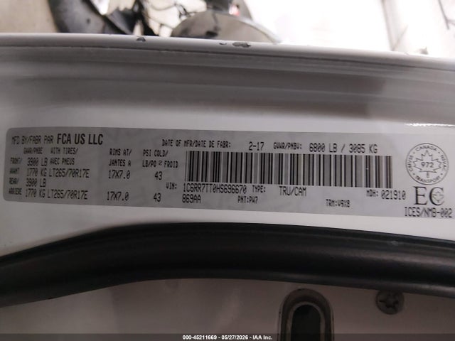 45211669 :رقم المزاد ، 1C6RR7TT0HS696670 vin ، 2017 Ram 1500 Slt مزاد بيع