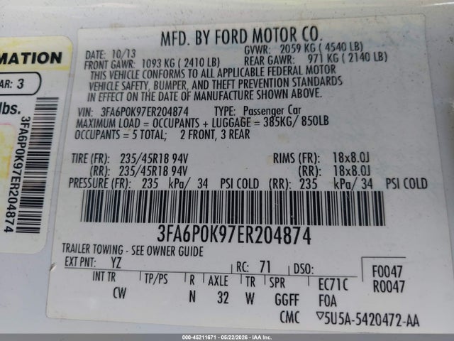 2014 Ford Fusion Titanium მანქანა იყიდება აუქციონზე, vin: 3FA6P0K97ER204874, აუქციონის ნომერი: 45211671