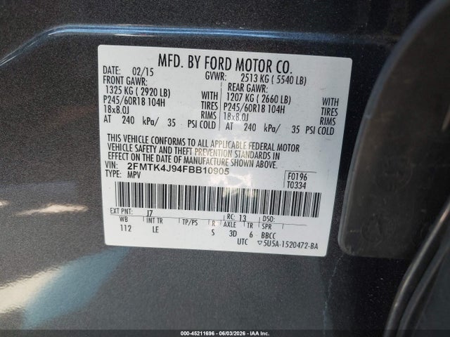 Продаж на аукціоні авто 2015 Ford Edge Sel, vin: 2FMTK4J94FBB10905, номер лоту: 45211696