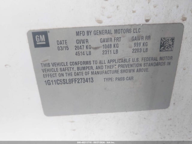 Продажа на аукционе авто 2015 Chevrolet Malibu 1lt, vin: 1G11C5SL8FF273413, номер лота: 45211710