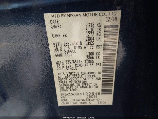 5N1AZ2AJ9LN122646 Nissan Murano S Fwd