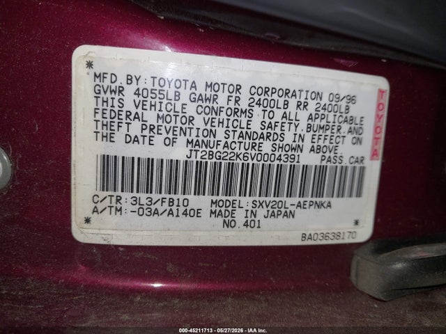 1997 Toyota Camry Le მანქანა იყიდება აუქციონზე, vin: JT2BG22K6V0004391, აუქციონის ნომერი: 45211713