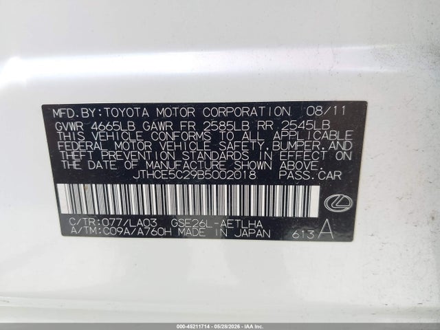Aukcja sprzedaży 2011 Lexus Is 350, vin: JTHCE5C29B5002018, numer aukcji: 45211714
