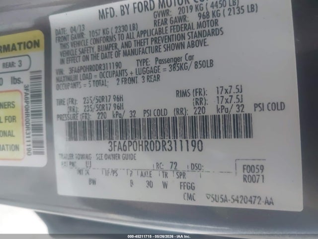 Aukcja sprzedaży 2013 Ford Fusion Se, vin: 3FA6P0HR0DR311190, numer aukcji: 45211715