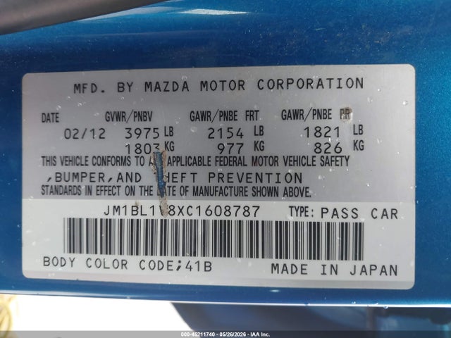 Aukcja sprzedaży 2012 Mazda Mazda3 I Touring, vin: JM1BL1V8XC1608787, numer aukcji: 45211740