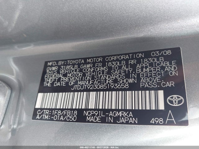 45211745 :رقم المزاد ، JTDJT923085193658 vin ، 2008 Toyota Yaris مزاد بيع