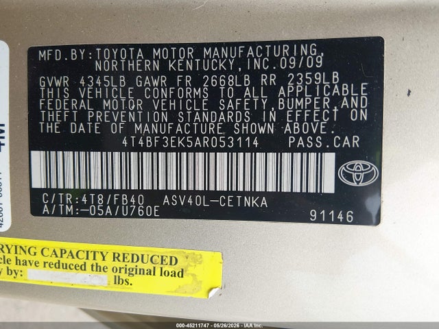 45211747 :رقم المزاد ، 4T4BF3EK5AR053114 vin ، 2010 Toyota Camry Base (retail Orders Only) (a5) مزاد بيع