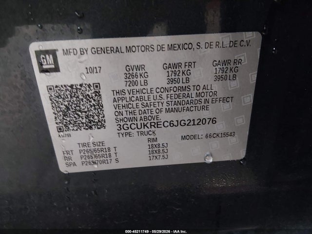 Aukcja sprzedaży 2018 Chevrolet Silverado 1500 2lt, vin: 3GCUKREC6JG212076, numer aukcji: 45211749