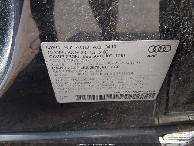 45211751 :رقم المزاد ، WA1L2AFP9GA132898 vin ، 2016 Audi Q5 2.0t Premium مزاد بيع