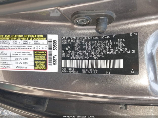 2011 Toyota Sienna Xle მანქანა იყიდება აუქციონზე, vin: 5TDDK3DC4BS017773, აუქციონის ნომერი: 45211752