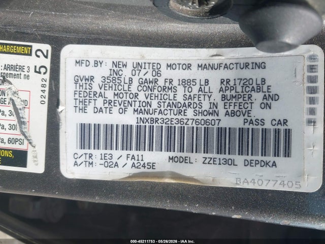 Продаж на аукціоні авто 2006 Toyota Corolla Ce, vin: 1NXBR32E36Z760607, номер лоту: 45211753