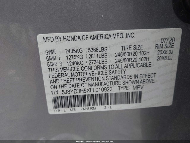 Aukcja sprzedaży 2020 Acura Mdx Technology Package, vin: 5J8YD3H5XLL010922, numer aukcji: 45211755