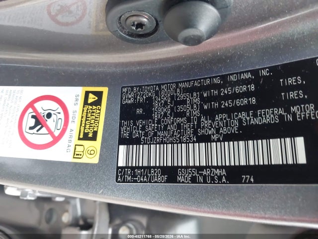 45211768 :رقم المزاد ، 5TDJZRFH0HS518534 vin ، 2017 Toyota Highlander Xle مزاد بيع